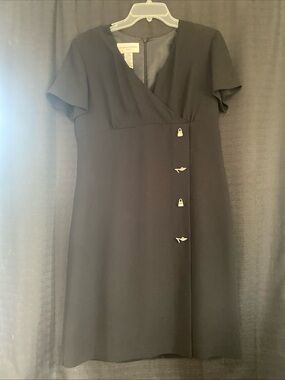 Evan Picone Black Short-Sleeve Wrap-Front Midi Dress with Decorative Buttons